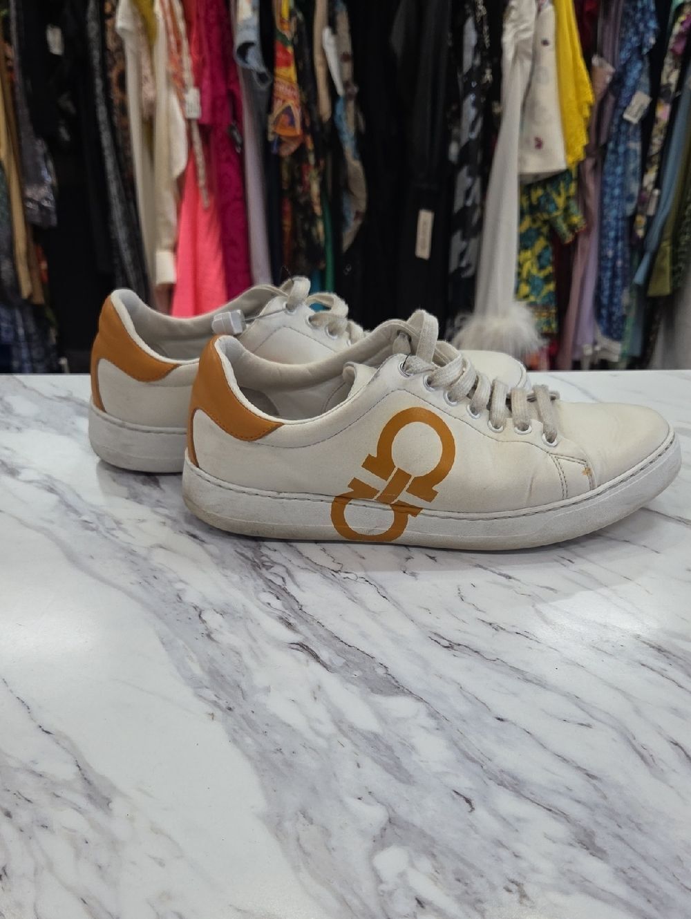 Salvatore Ferragamo white sneakers with mustard logo